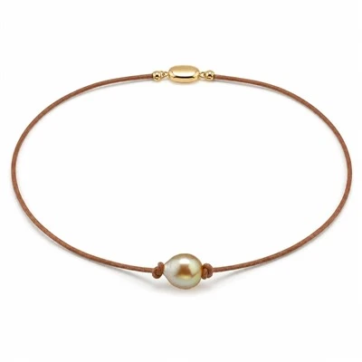 Golden Baroque Pearl Leather Necklace